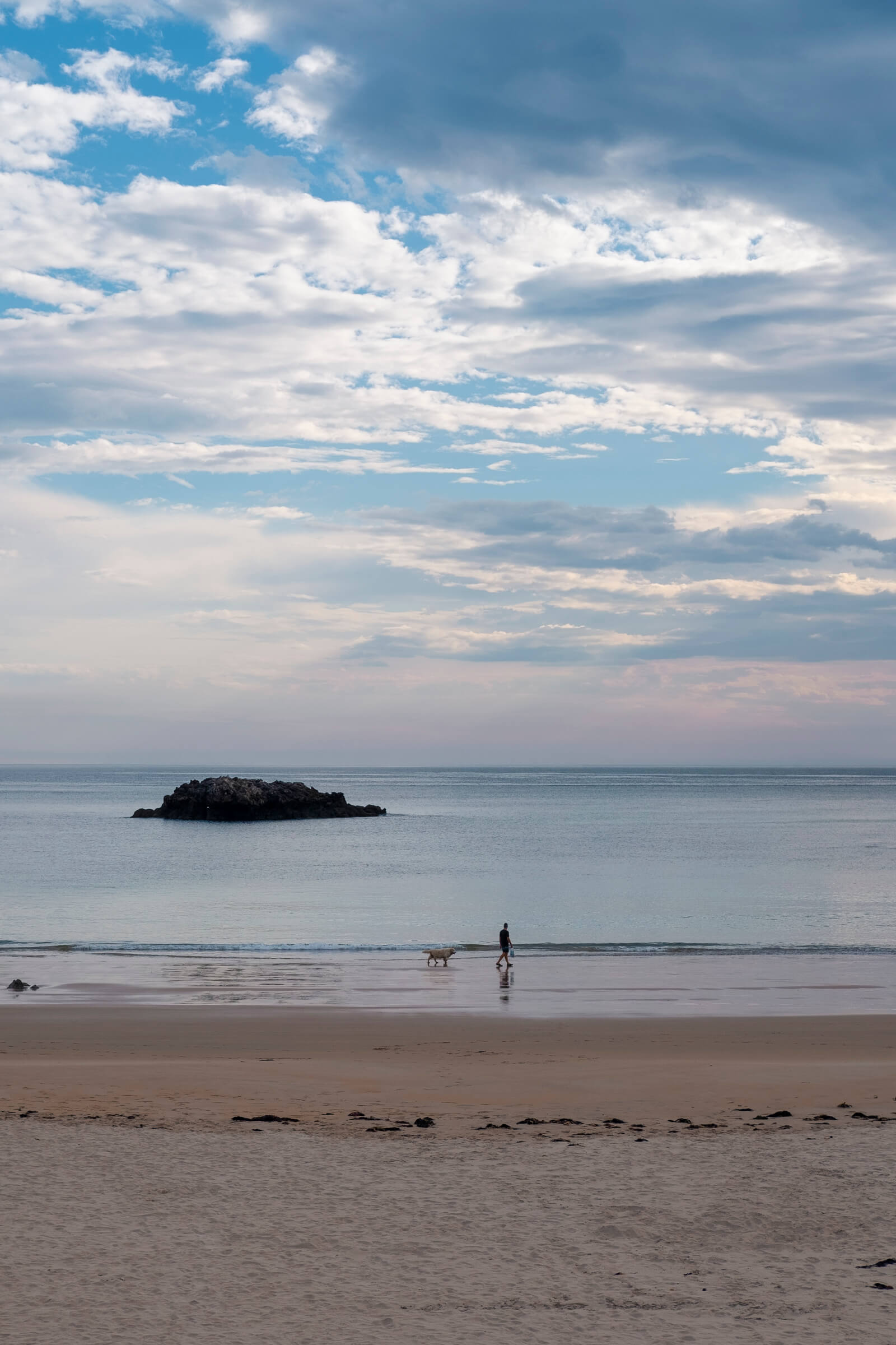 Paseo matutino. Foto vertical de la playa y, en el centro de la foto, una persona paseando acompañada por un perro