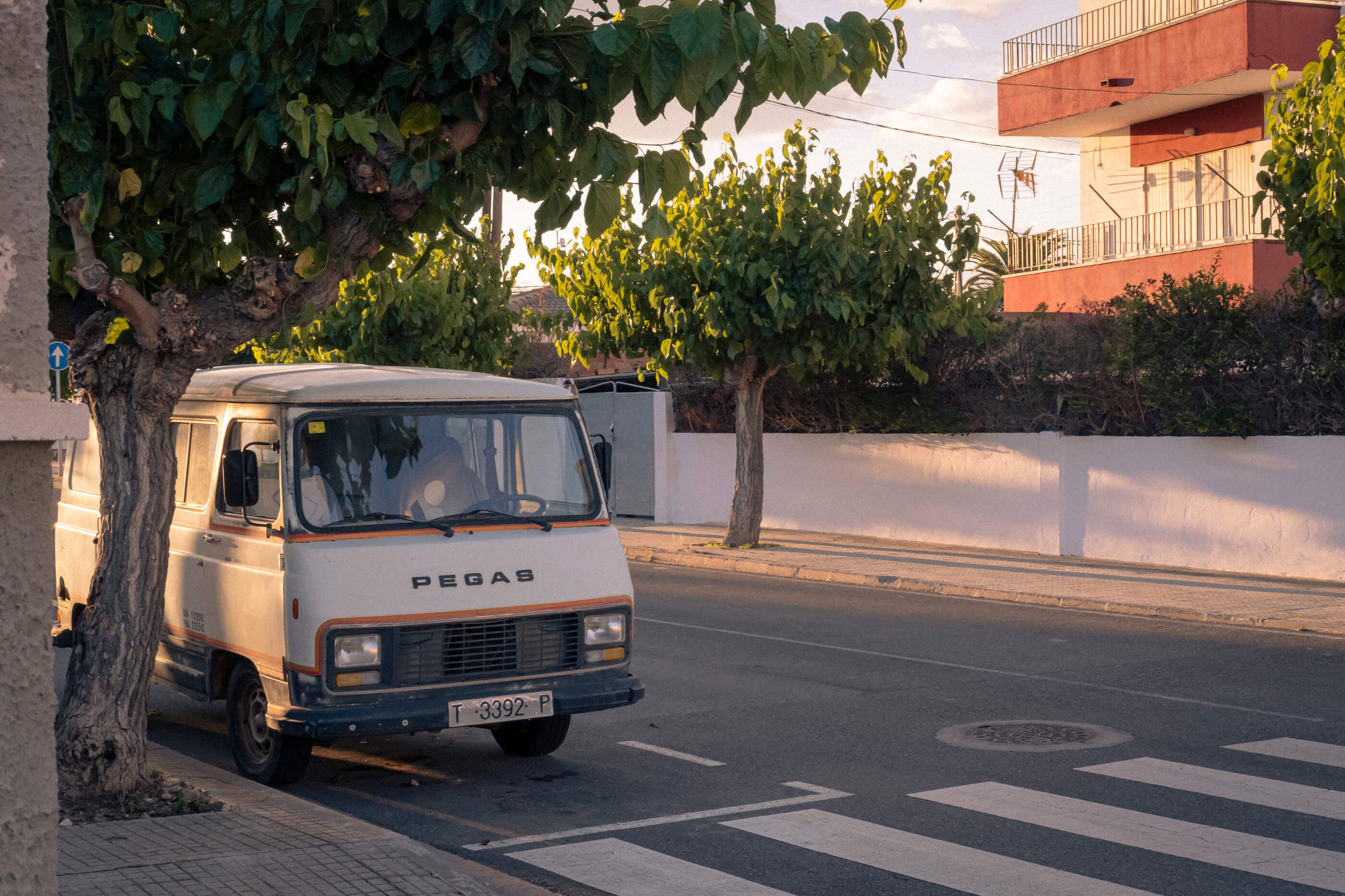 Furgoneta muy antigua aparcada a la sombra de un árbol al atardecer