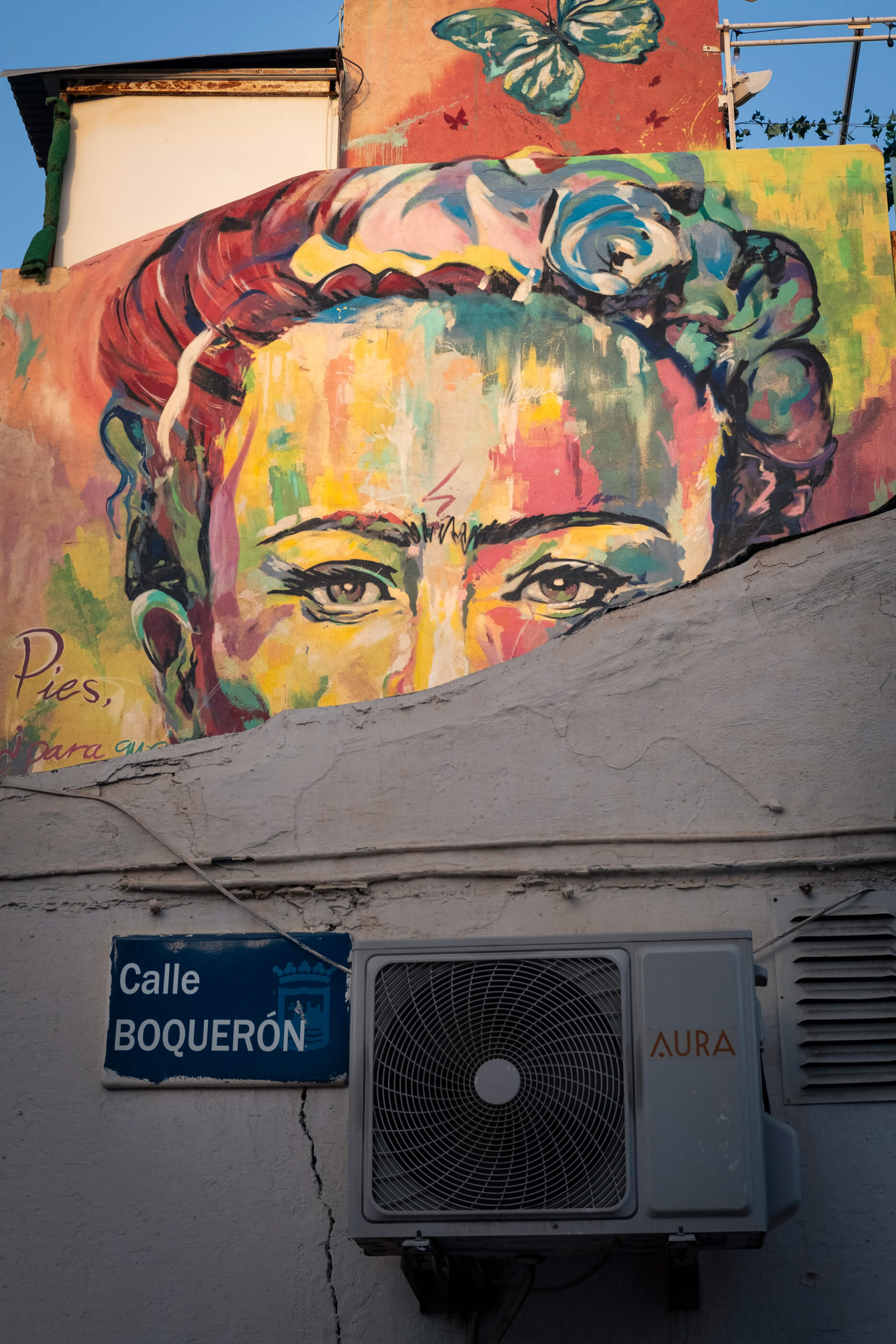 Te veo. En la parte inferior del encuadre se ve una pared de un edificio, una máquina de aire acondicionado y el nombre de la calle Boquerón donde está tomada la foto. En la parte superior el mural de Frida Kahlo que se corta por la silueta del edificio, dejando ver solamente la parte superior de su rostro, sus ojos y su pelo.