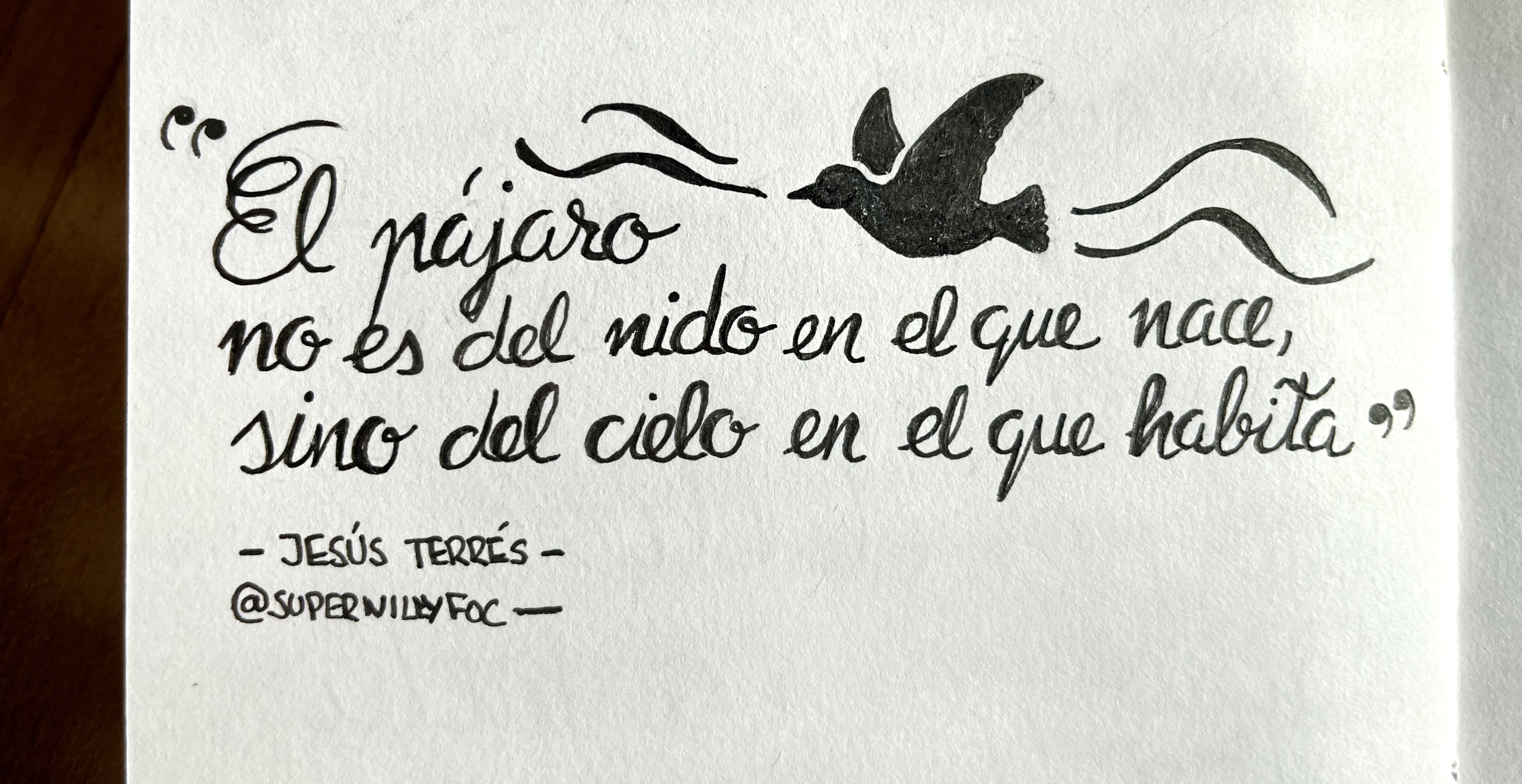 Foto de cita escrita manuscrita con la frase de Jesús Terrés: "El pájaro no es del nido en el que nace, sino del cielo en el que habita."