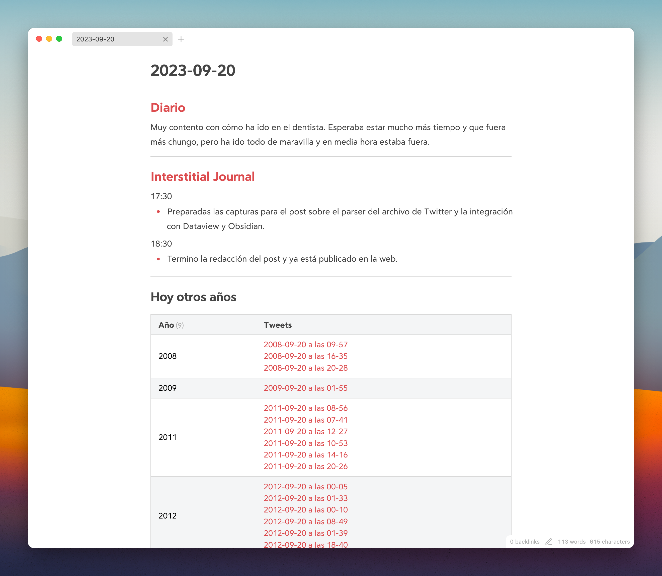 Captura de pantalla de una nota de mi diario en Obsidian, en la que pueden apreciarse tres bloques: diario, intertitial journal y la sección de tweets en otros años
