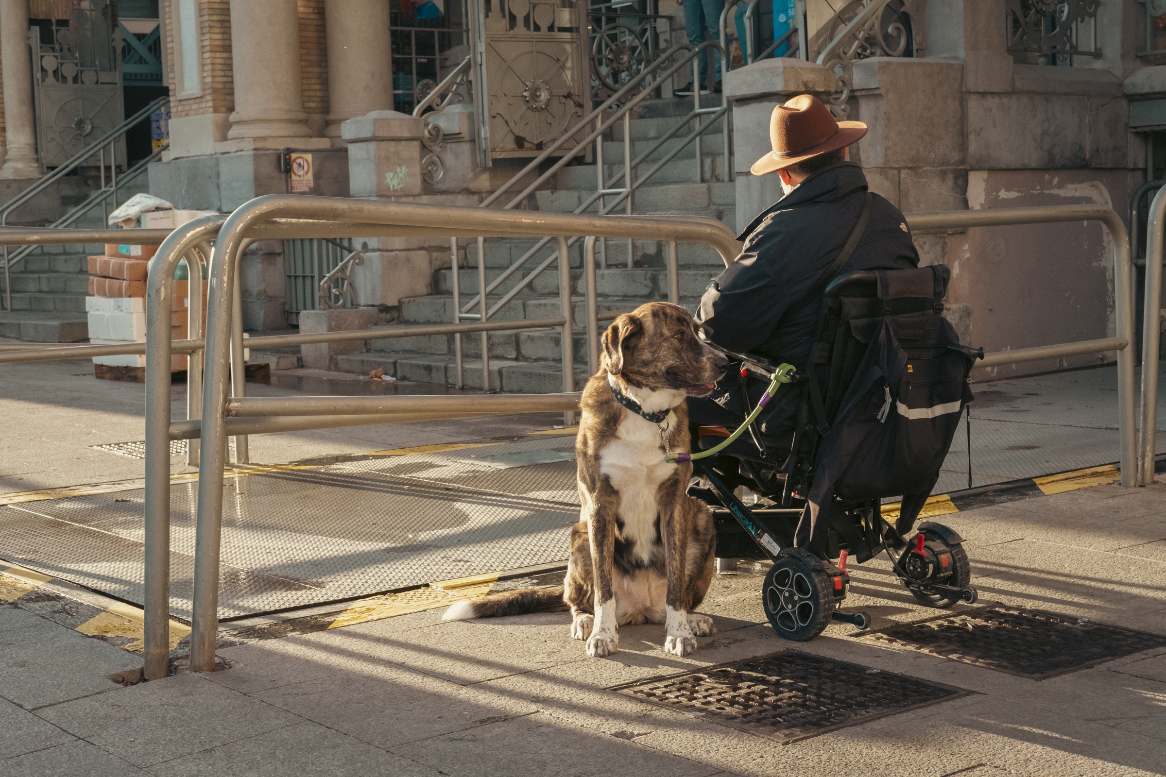 Pareja aprovechando los primeros rayos de luz. En la puerta del mercado, un señor en silla de ruedas y con sombrero, junto a su perro de gran tamaño, espera al sol aprovechando los primeros ratos del día.