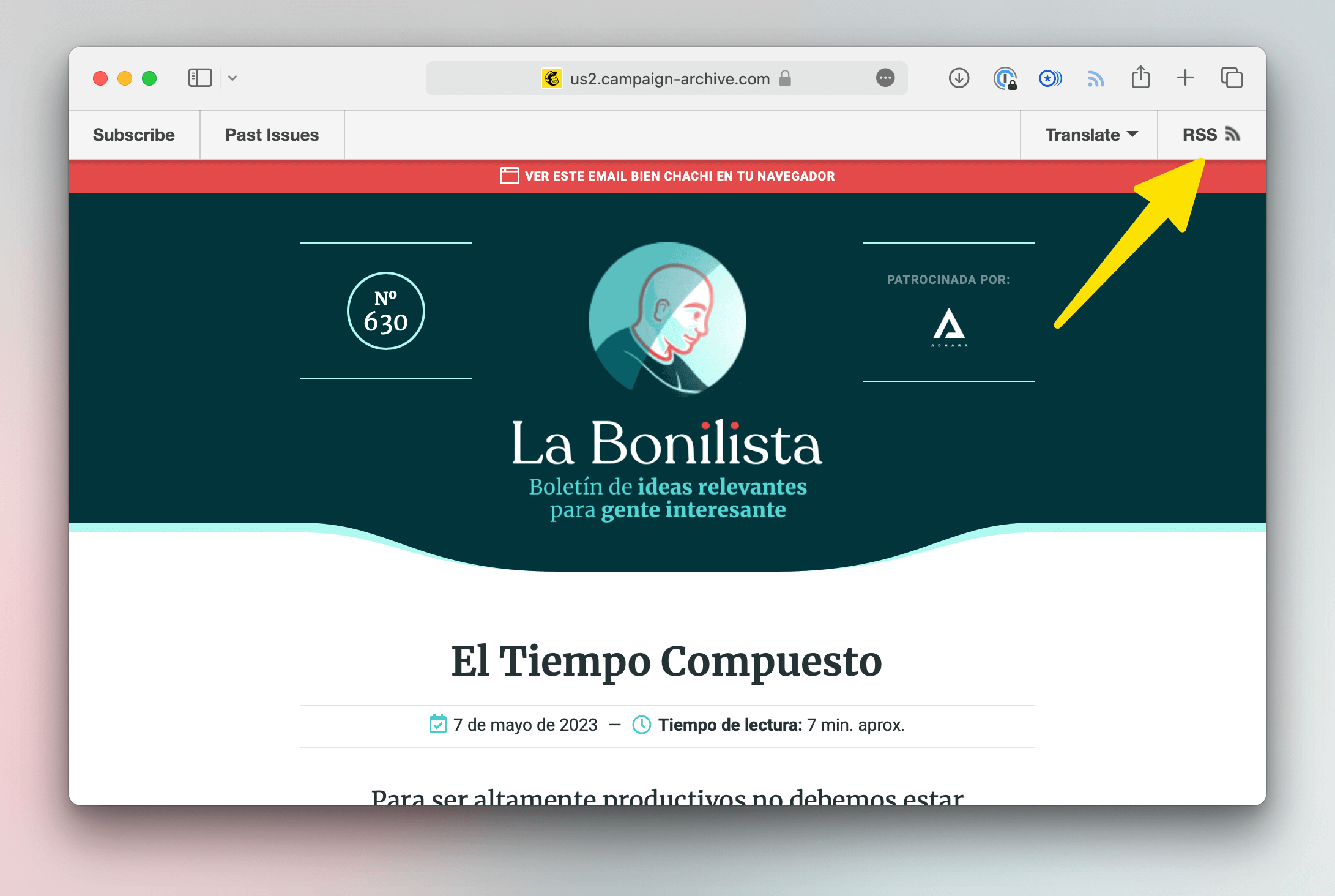 La Bonilista: ejemplo de newsletter enviada con Mailchimp y dónde está el enlace del feed. Captura de un post de La Bonilista indicando dónde está el enlace al feed RSS en las newsletters enviadas con Mailchimp