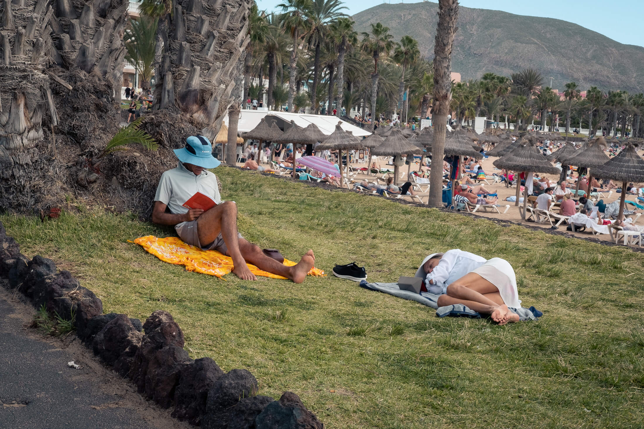 Una pareja disfrutando de su calma, uno leyendo apoyado en una palmera y la otra tumbada durmiendo en la hierba