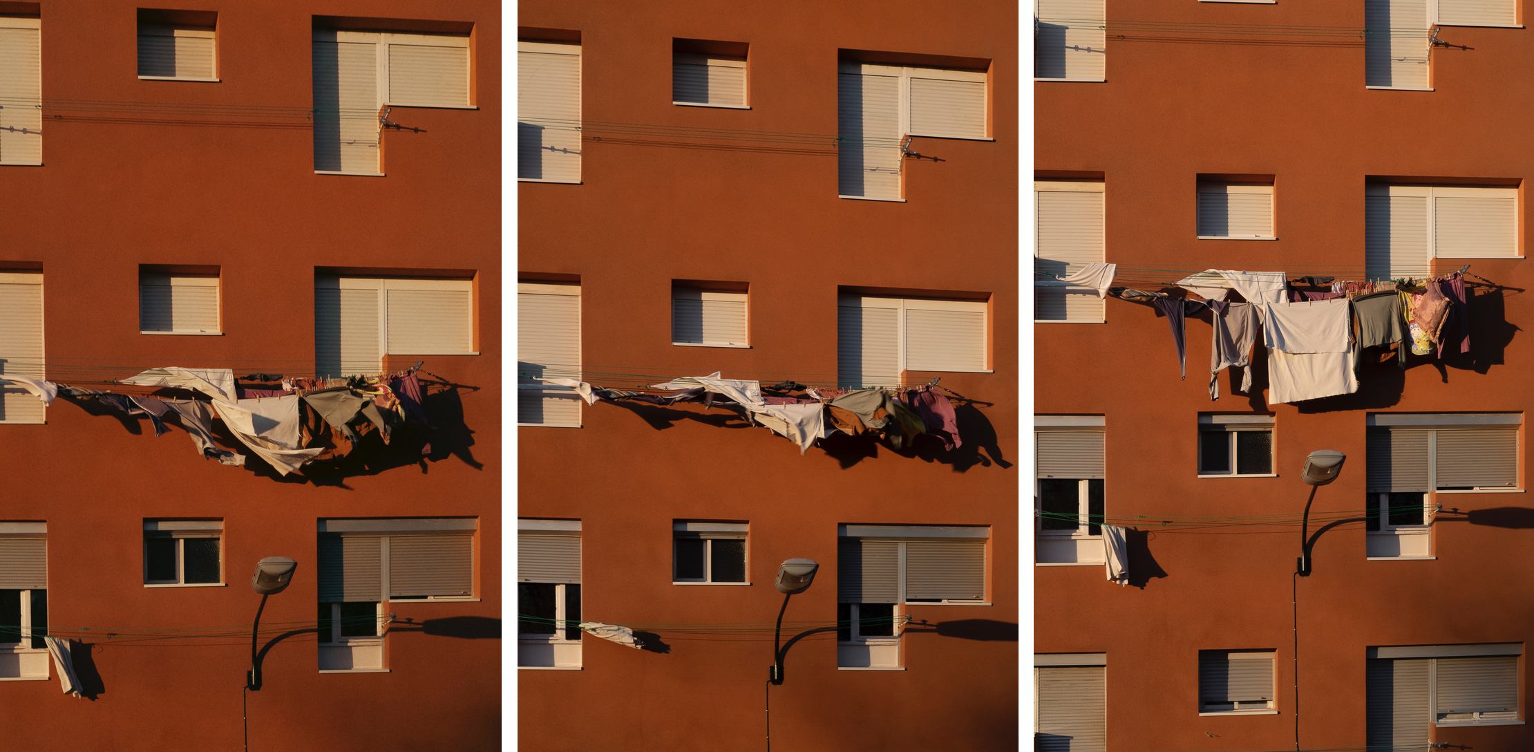 Montaje de fotos mostrando el movimiento y agitación de la ropa tendida en una ventana