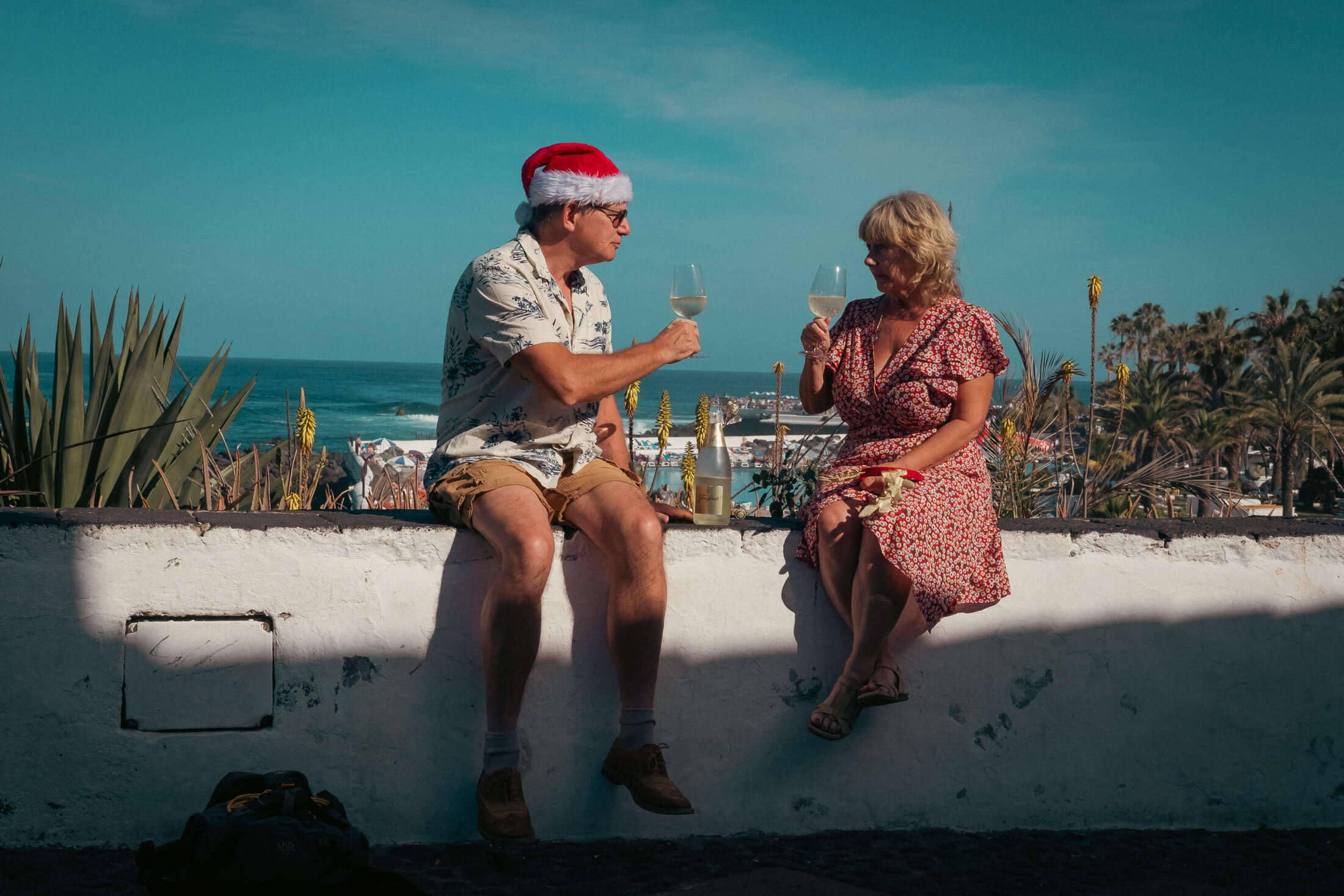 Una pareja brindando el día de Navidad con gorros de Papá Noel y manga corta