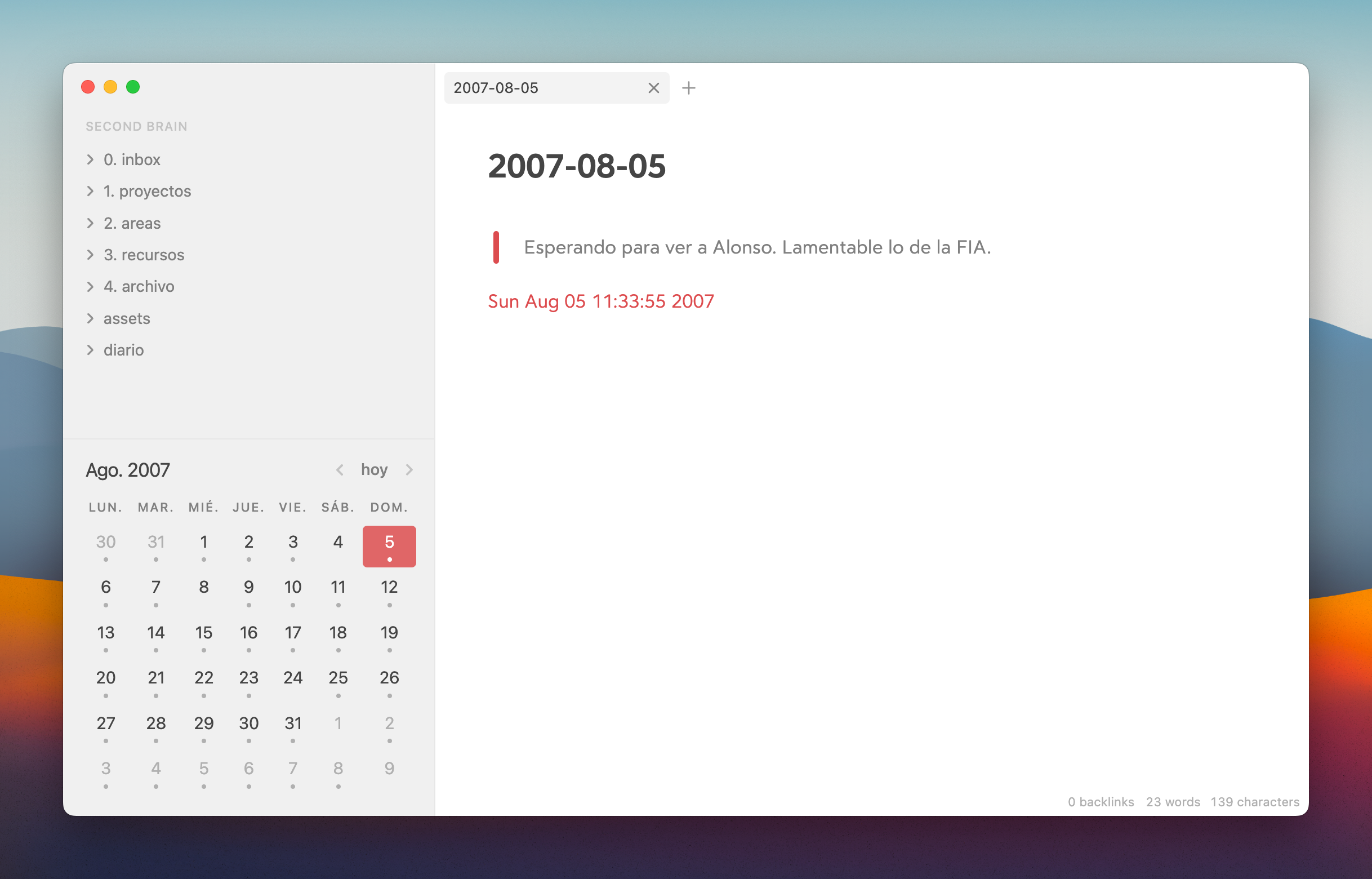 Captura de pantalla en la que se ve Obsidian con una nota generada por el script, que contiene un tweet de hoy pero hace 16 años