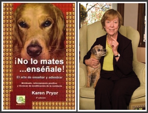 Portada del libro y foto de la autora Karen Pryor.
